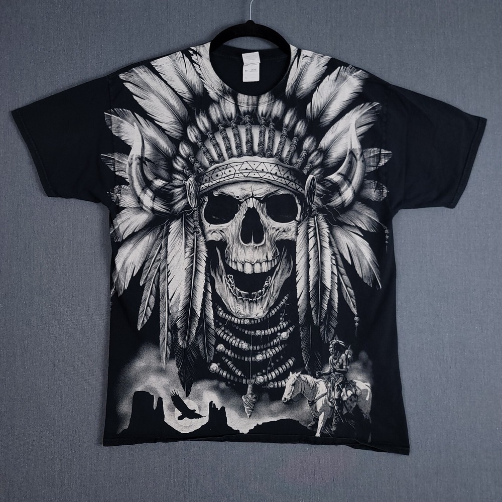 Native‎ American Shirt Mens XL Black Short Sleeve Indian Chief Skull Headdress